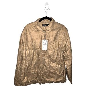 Zara Gold Metallic Button Shirt Leather like Jacket Size Large New with Tags